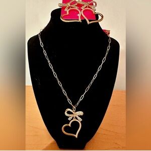 Elegant Gold Heart Necklace & Earrings Set with Bow Paris Hilton Sliving